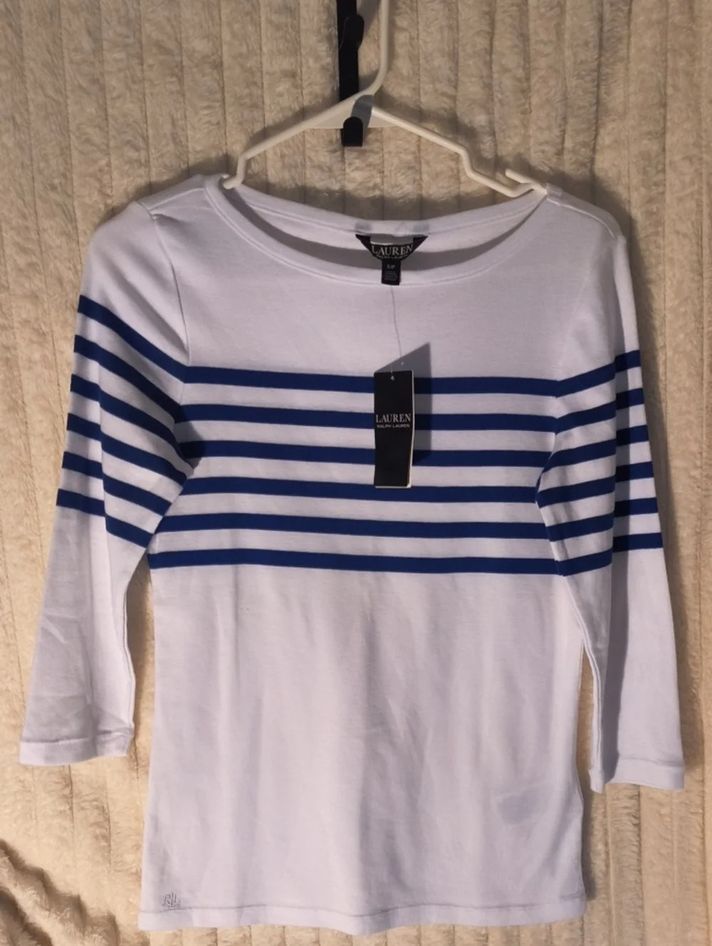 Lauren Ralph Lauren White and Blue Striped Boatneck Top